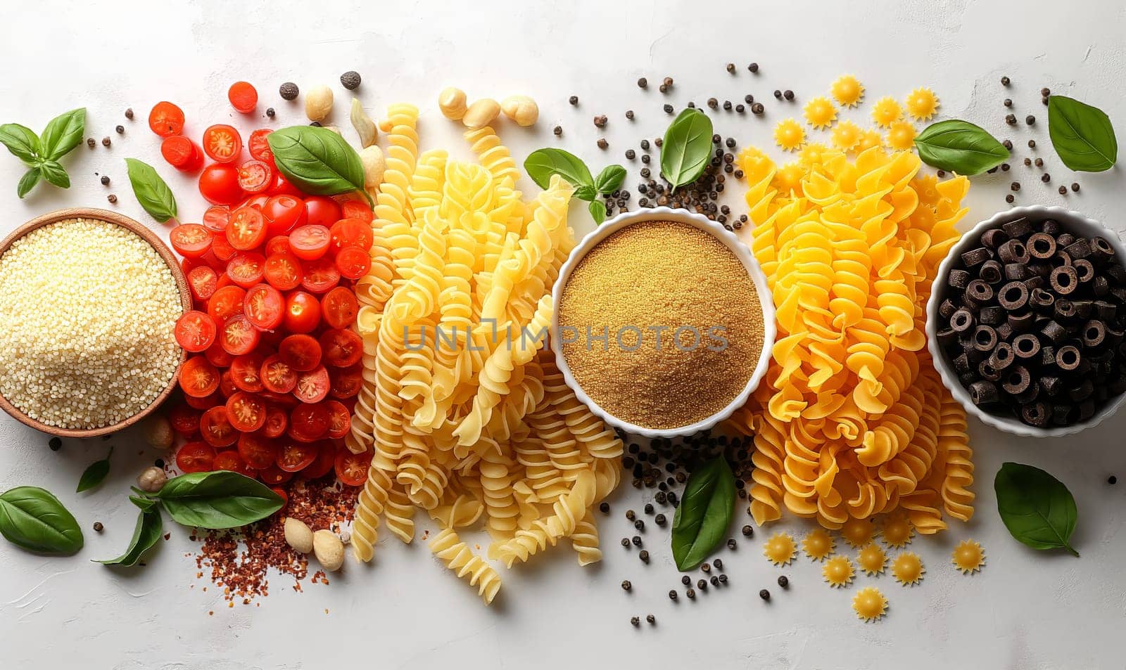 Food background with spaghetti or pasta recipe ingredient on wooden table.