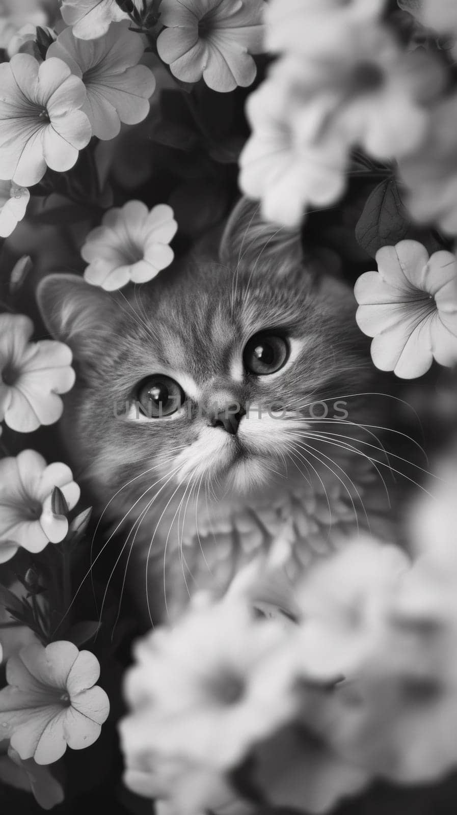 A cat peeking out from behind a bunch of flowers