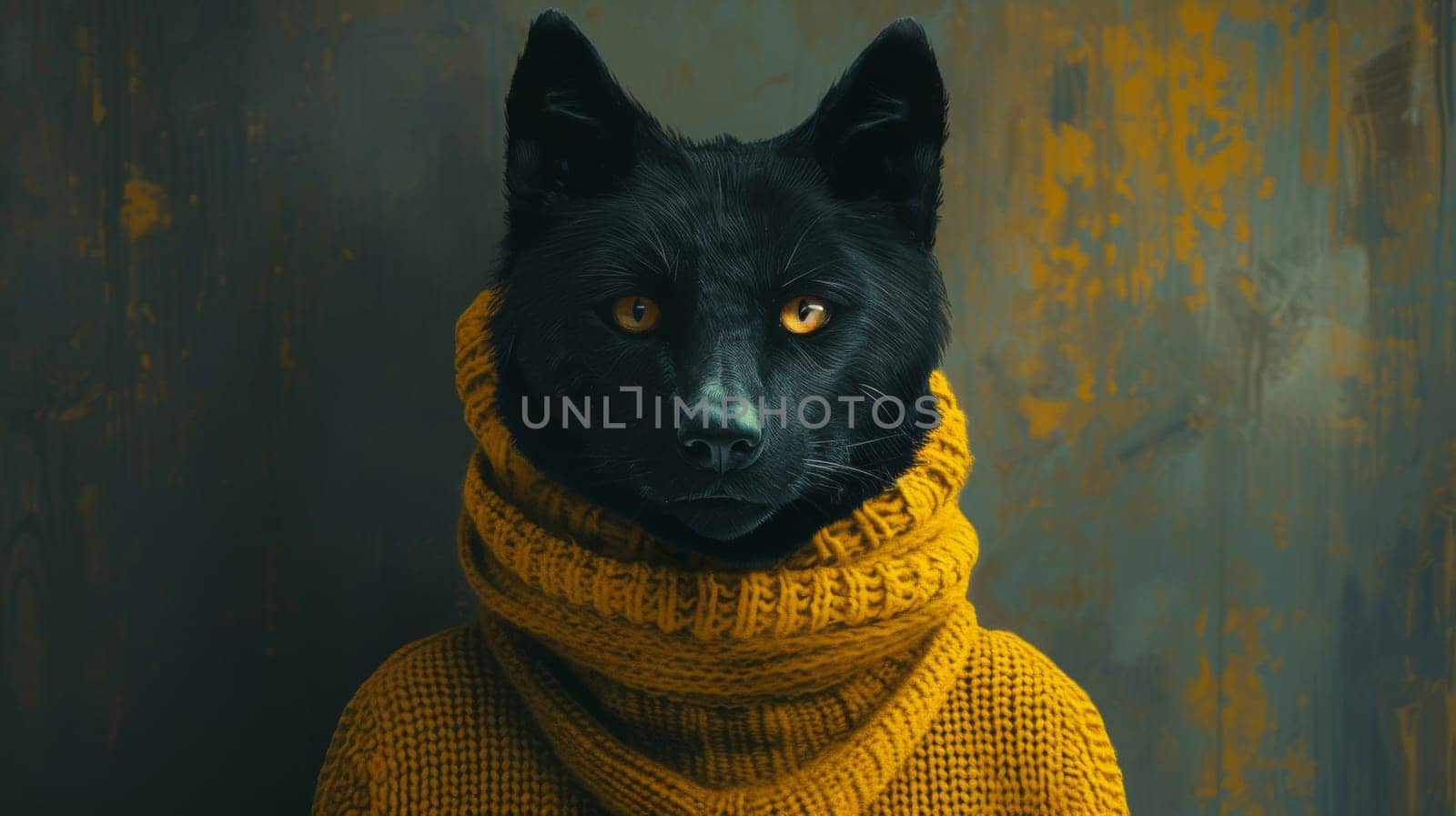 A black dog wearing a yellow sweater with an orange collar