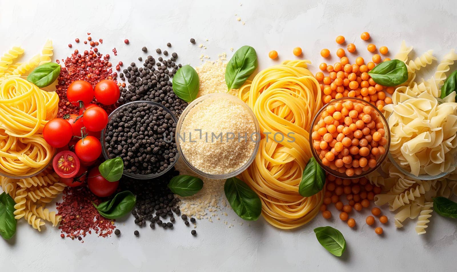 Food background with spaghetti or pasta recipe ingredient on wooden table by Fischeron