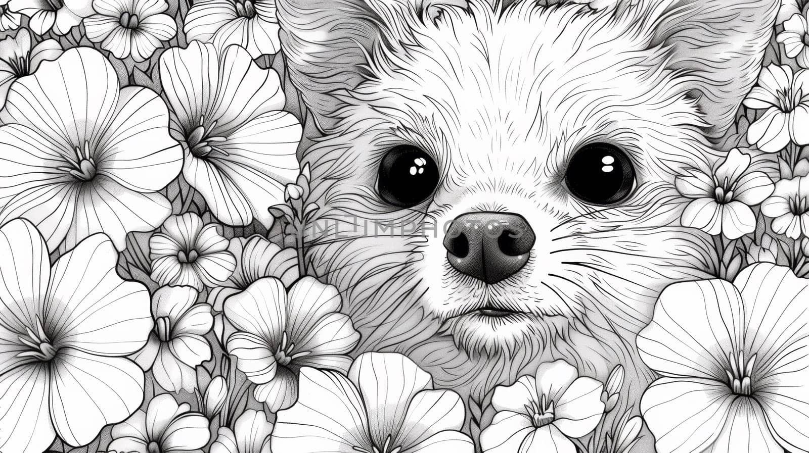 A drawing of a dog surrounded by flowers, AI by starush