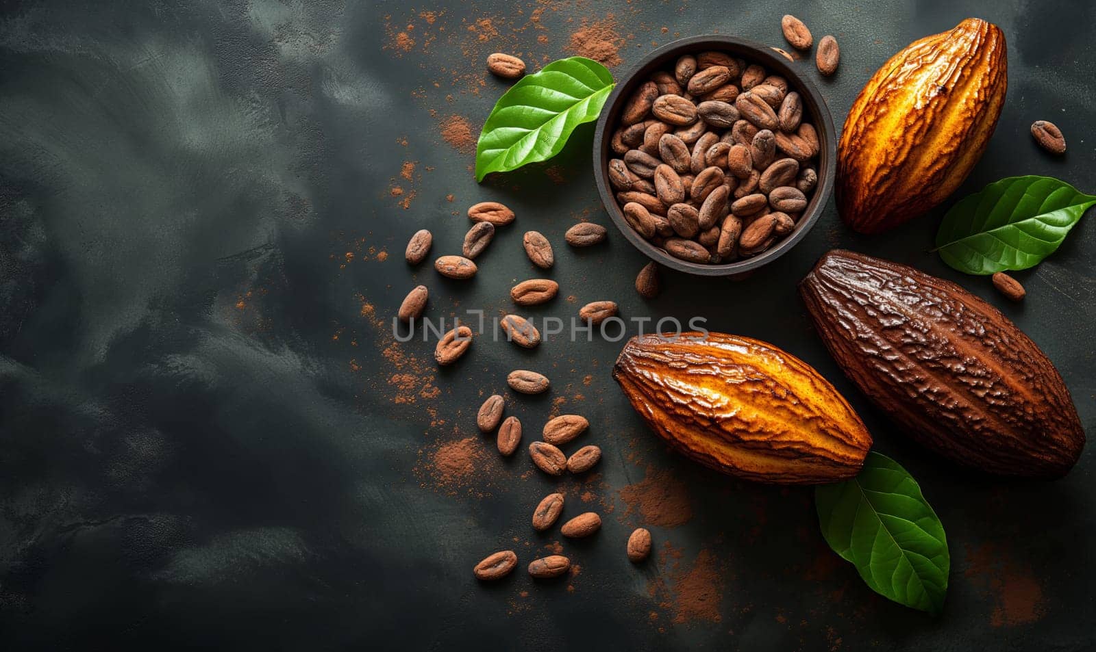 Food background with cocoa fruit on wooden table. by Fischeron