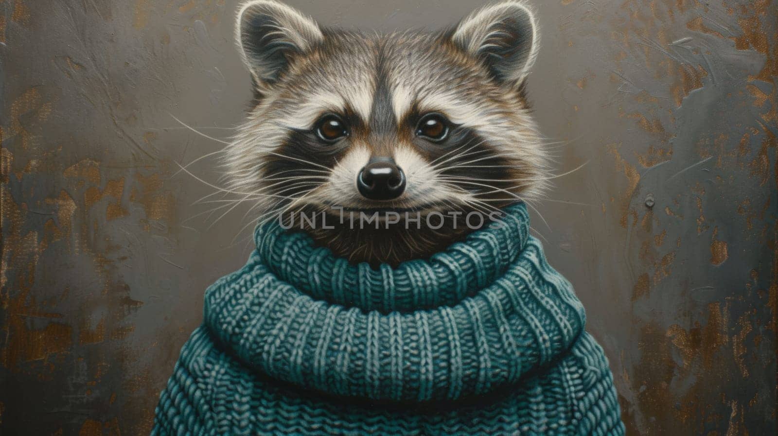 A painting of a raccoon wearing an ugly sweater and looking at the camera, AI by starush