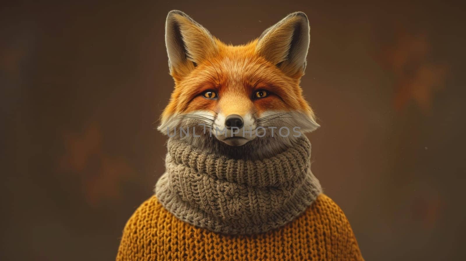 A fox wearing a sweater and scarf with its eyes closed