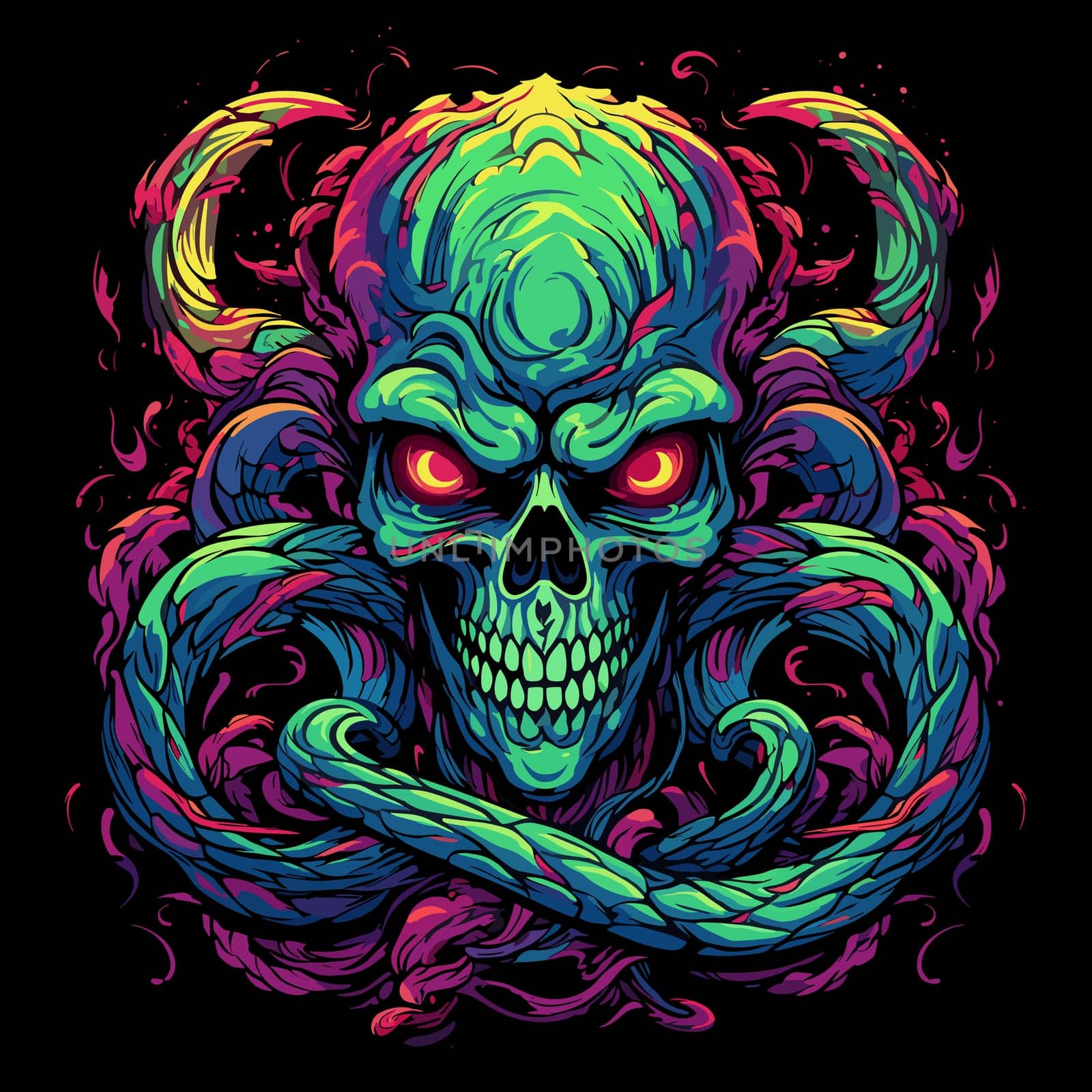 A devil's skull with a snake. Mystical illustration in vector pop art style. Template for t-shirt print, sticker, poster, etc.