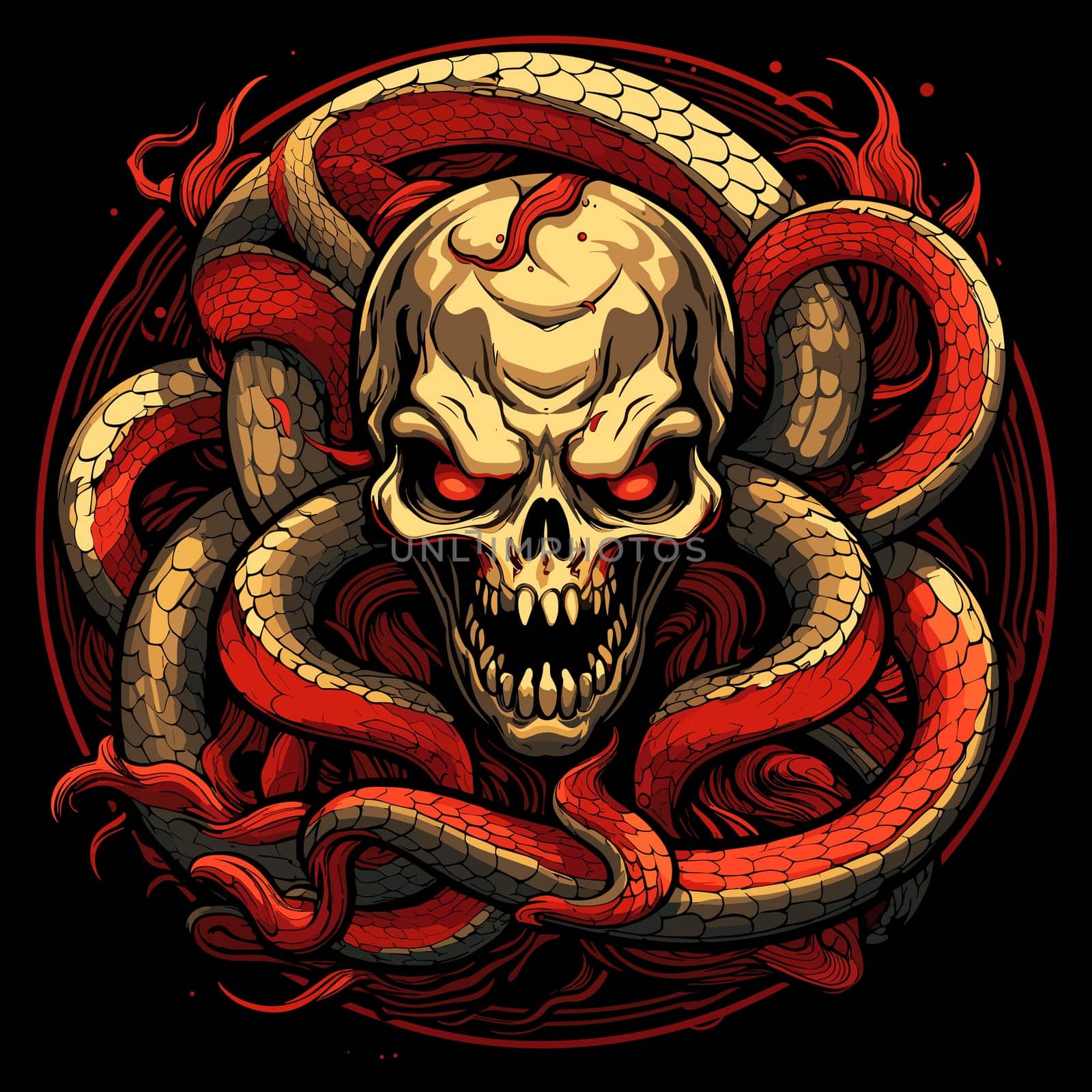 A devil's skull with a snake. Mystical illustration in vector pop art style. Template for t-shirt print, sticker, poster, etc.