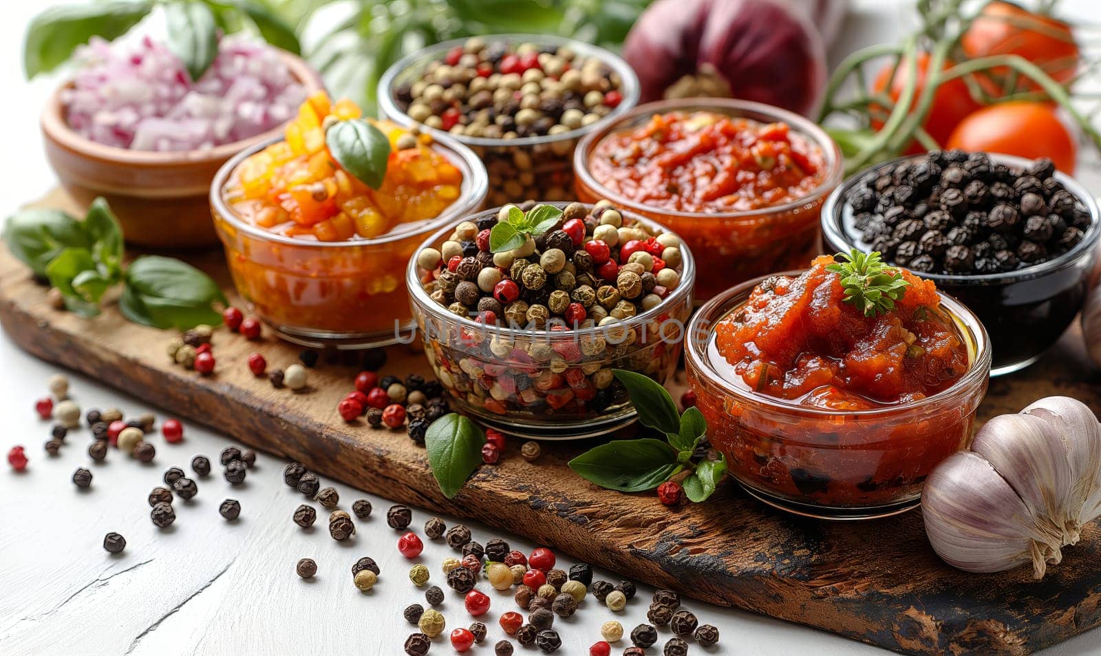 Food background with spices, herbs, sauces and vegetables on a white background.