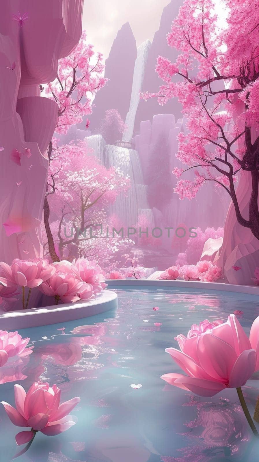 A pink flower pond with a waterfall in the background