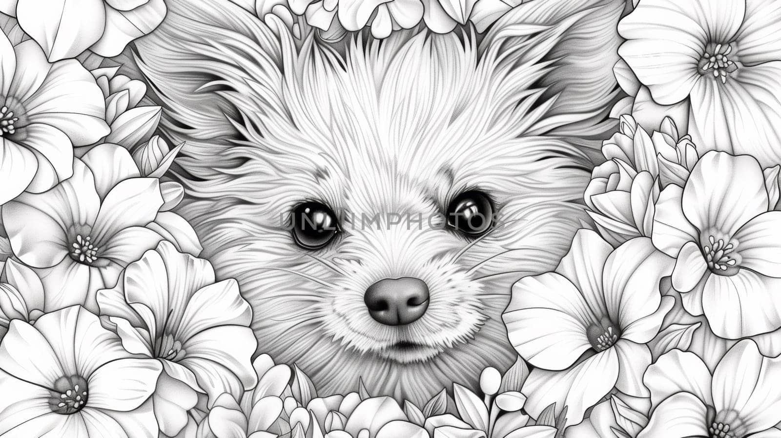 A black and white drawing of a dog surrounded by flowers