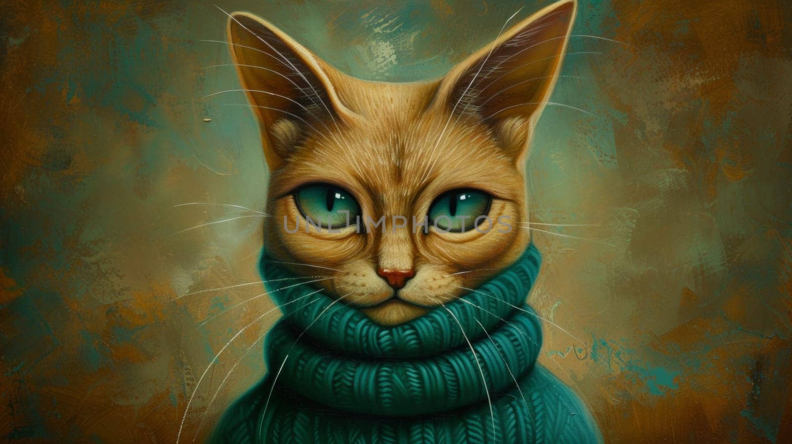 A painting of a cat wearing an ugly sweater with green eyes