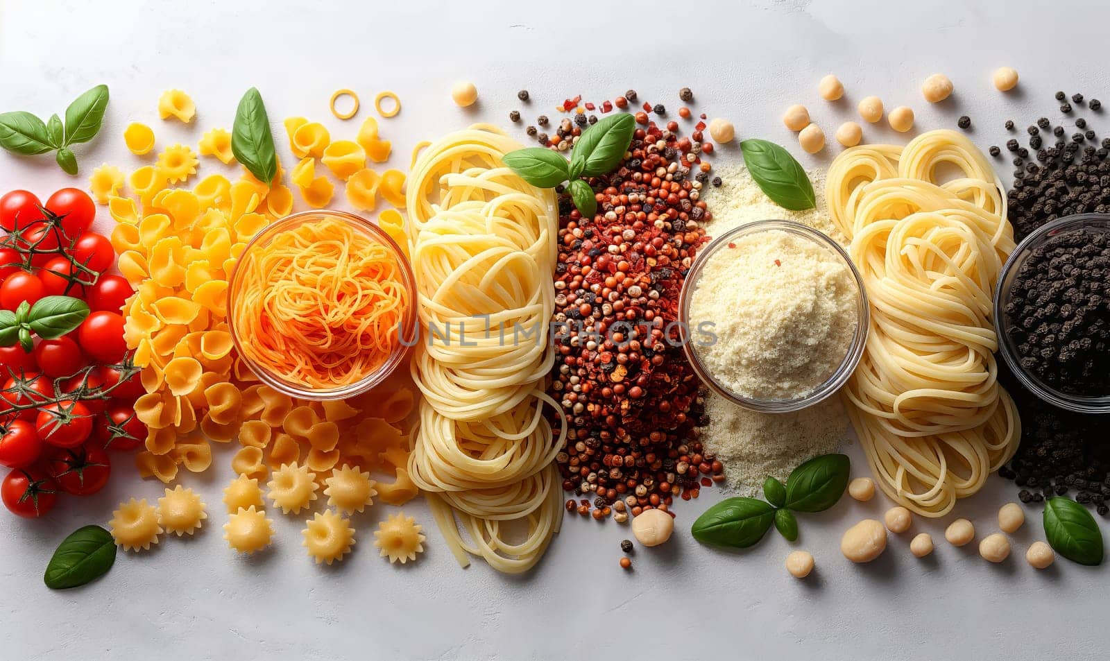 Food background with spaghetti or pasta recipe ingredient on wooden table by Fischeron