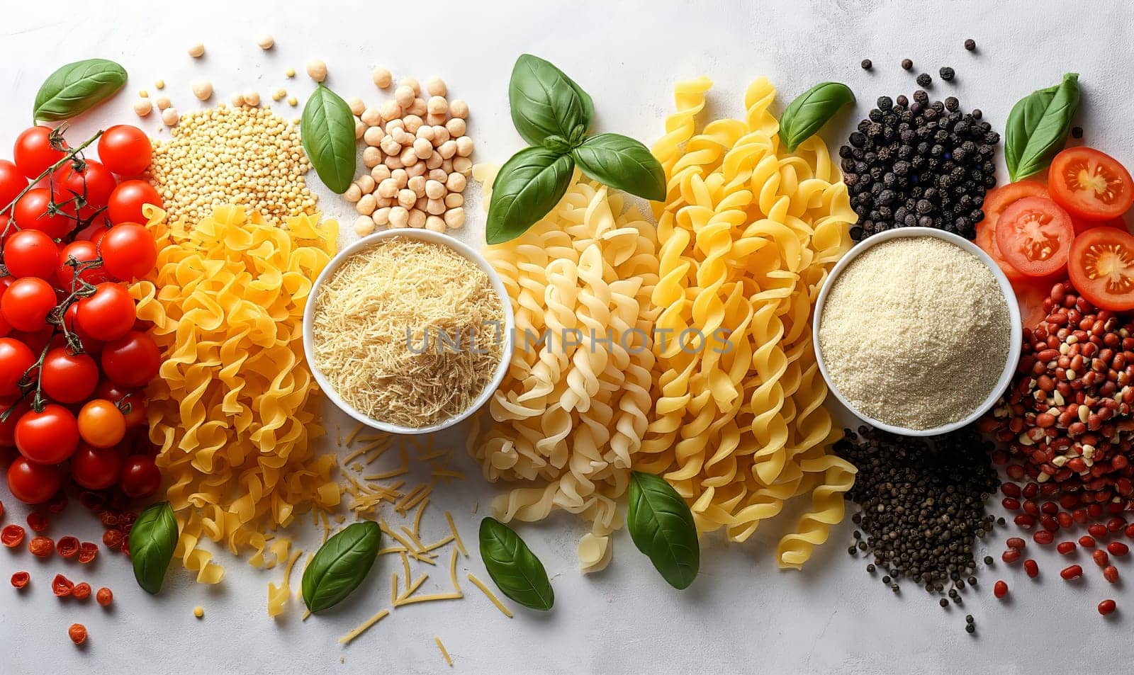 Food background with spaghetti or pasta recipe ingredient on wooden table.