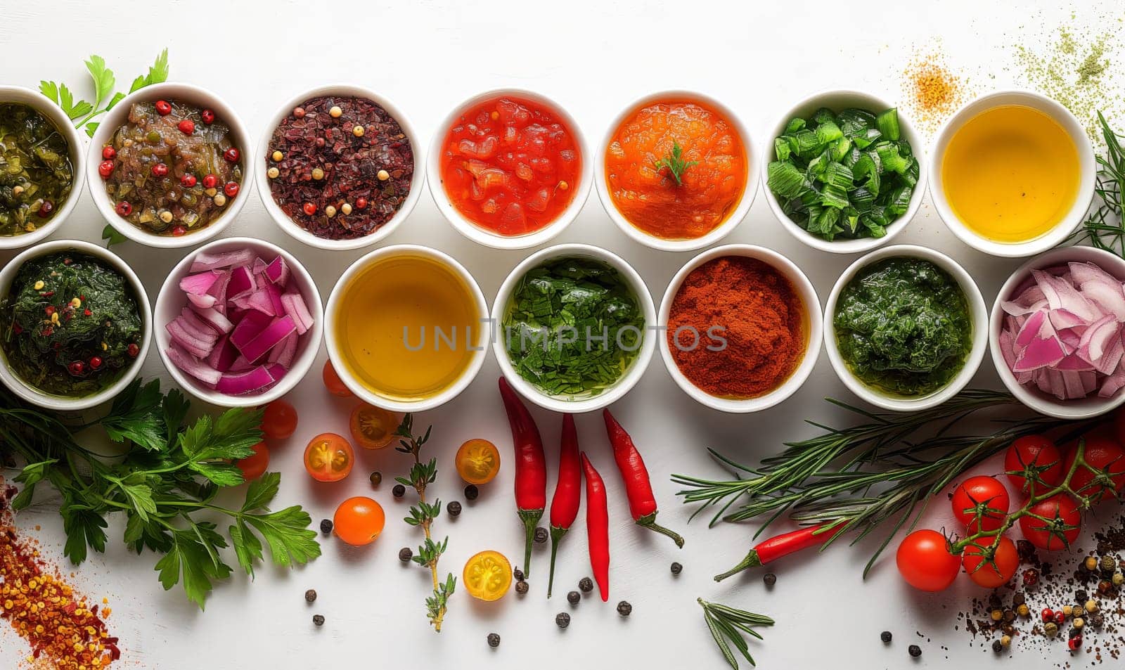 Food background with spices, herbs, sauces and vegetables on a white background.