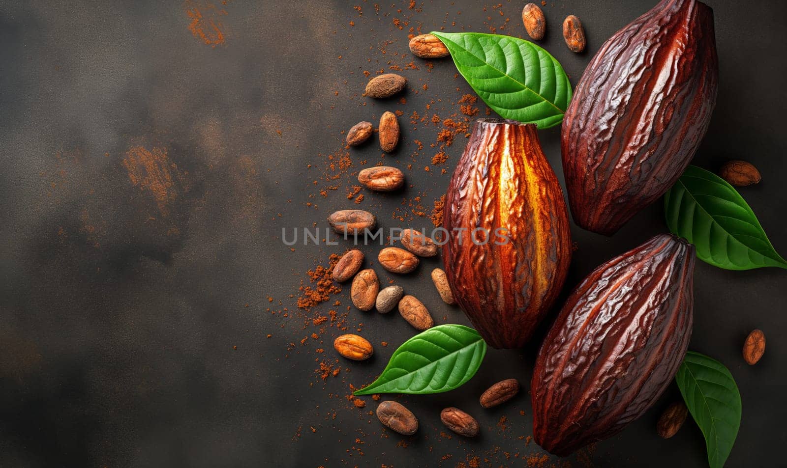 Food background with cocoa fruit on wooden table. Selective soft focus.