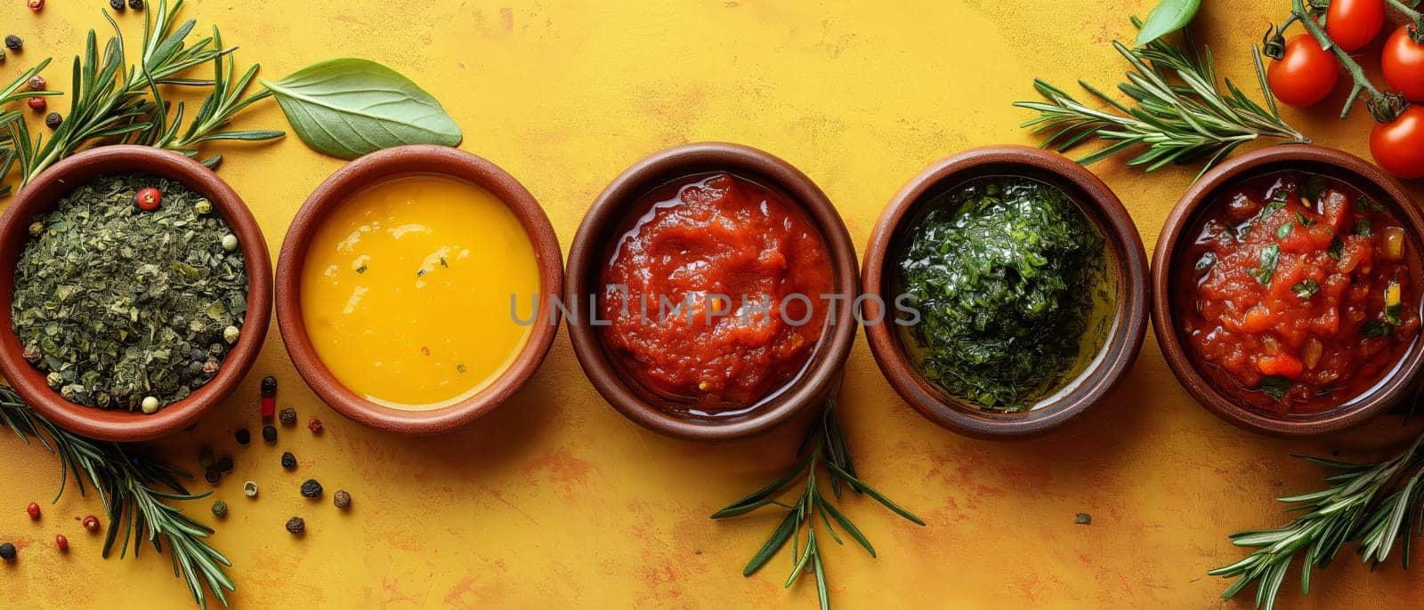 Food background with spices, herbs, sauces and vegetables on a yellow background.