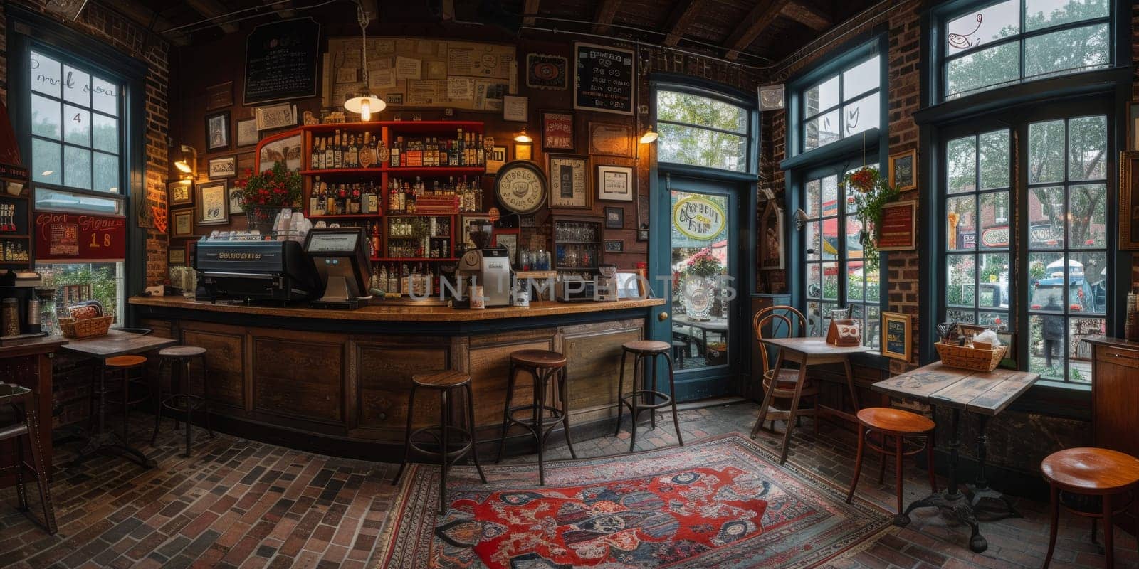 Cafe bar restaurant nobody indoor. Empty coffee shop interior daytime with wooden design counter red brick wall in background. by Benzoix