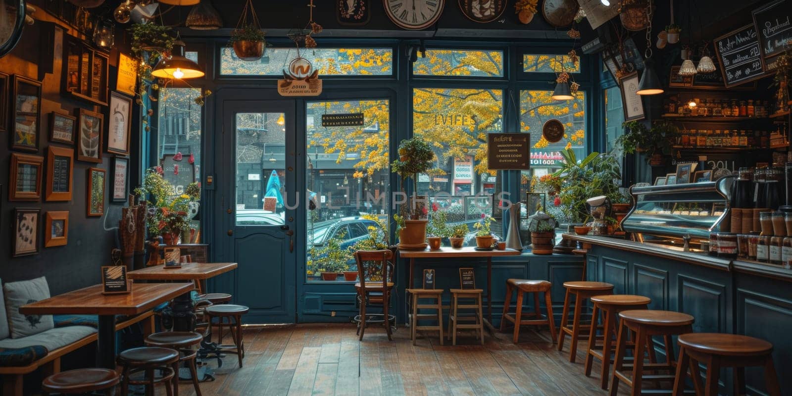 Cafe bar restaurant nobody indoor. Empty coffee shop interior daytime with wooden design counter red brick wall in background. by Benzoix