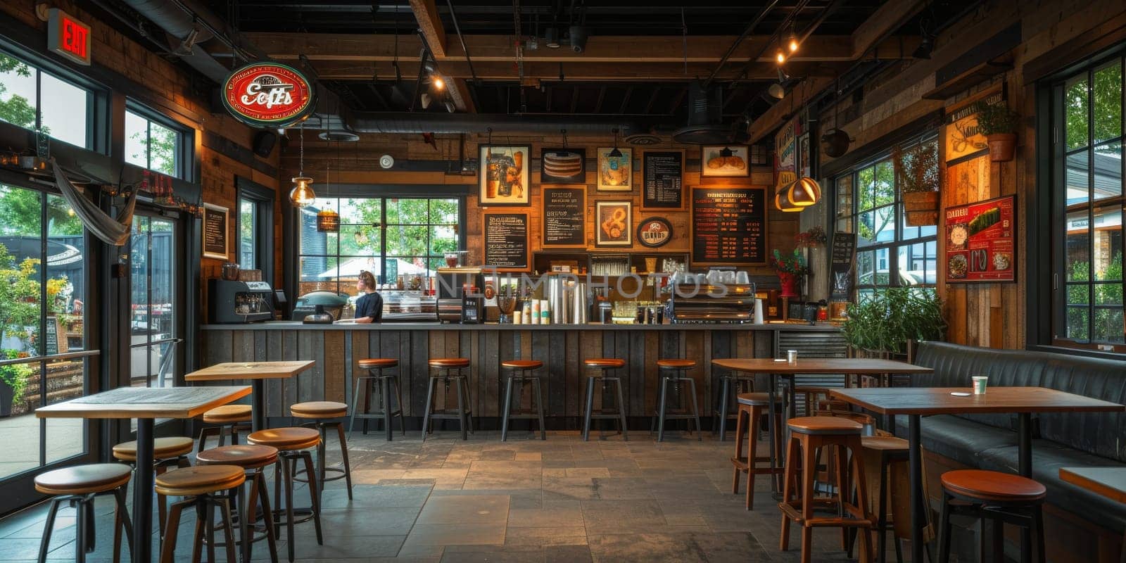 Cafe bar restaurant nobody indoor. Empty coffee shop interior daytime with wooden design counter red brick wall in background. by Benzoix