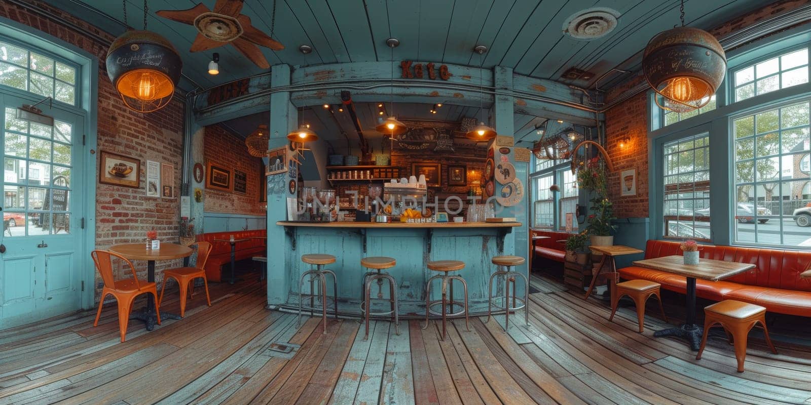 Cafe bar restaurant nobody indoor. Empty coffee shop interior daytime with wooden design counter red brick wall in background. by Benzoix