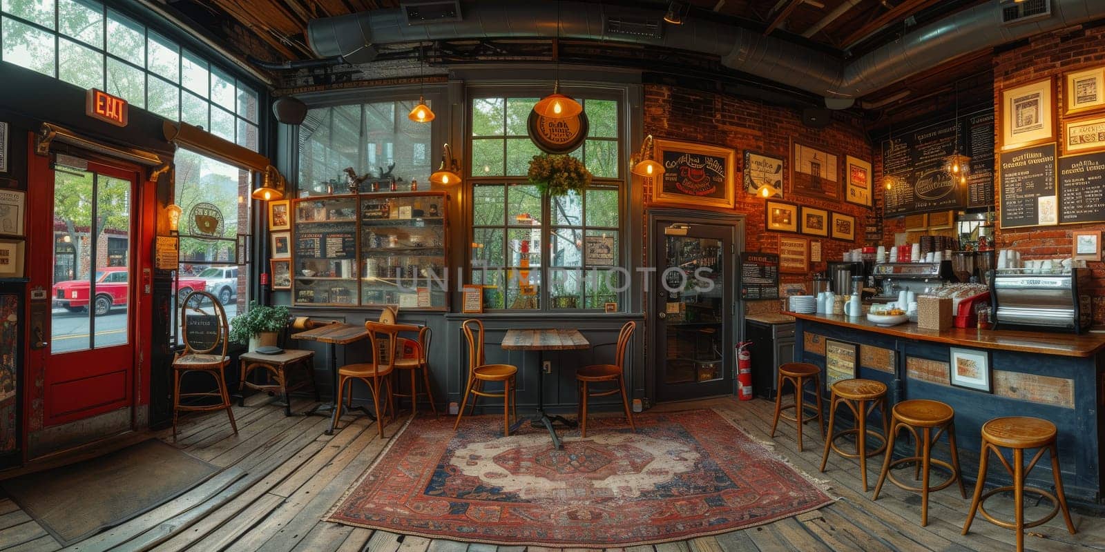 Cafe bar restaurant nobody indoor. Empty coffee shop interior daytime with wooden design counter red brick wall in background. by Benzoix