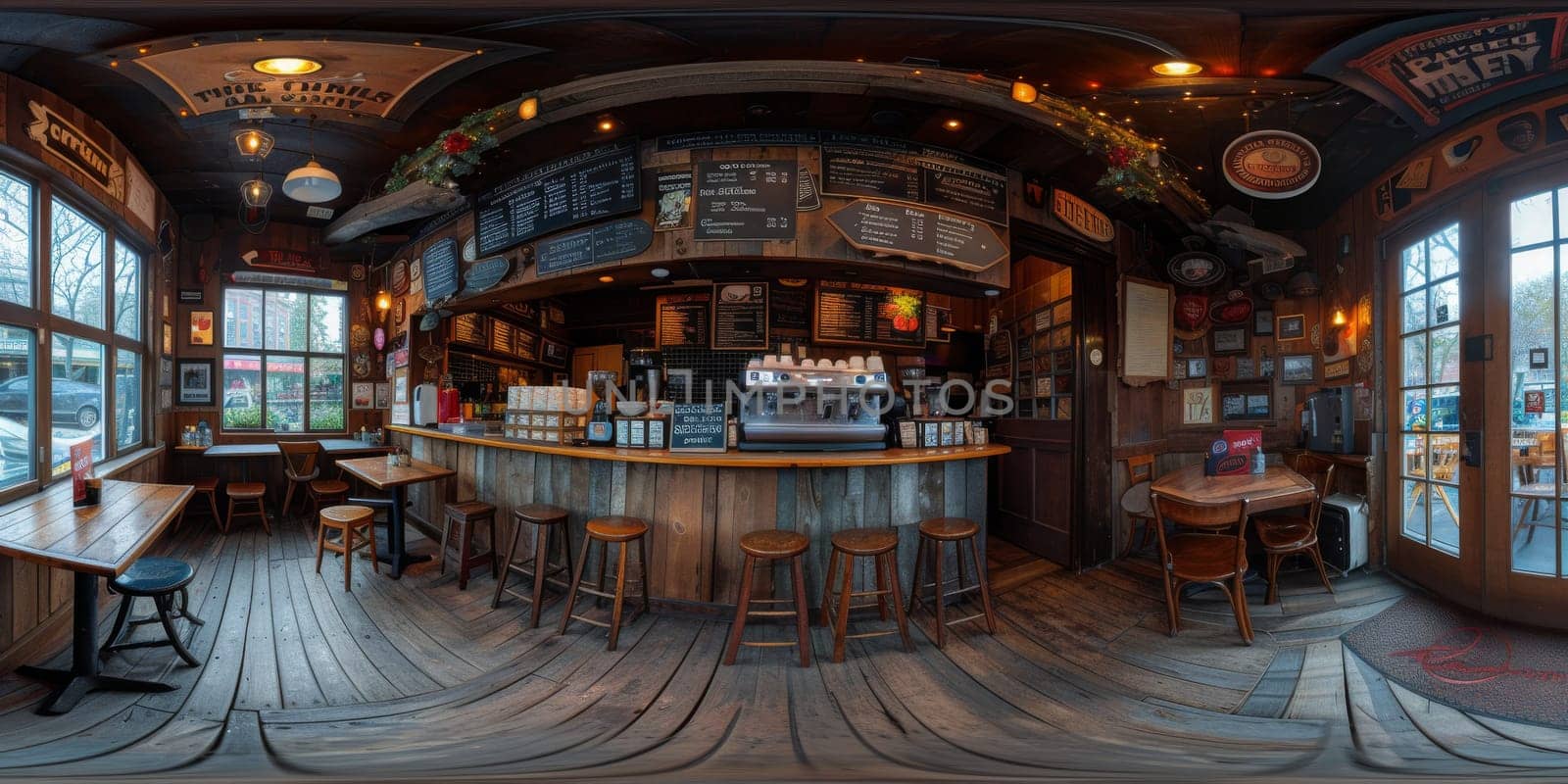 Cafe bar restaurant nobody indoor. Empty coffee shop interior daytime with wooden design counter red brick wall in background