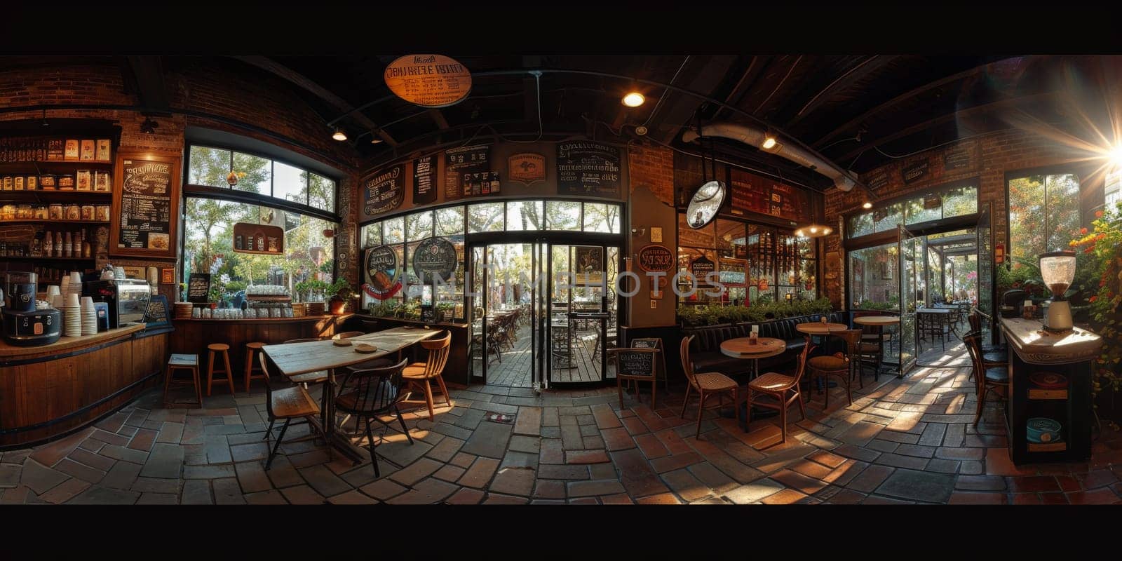 Cafe bar restaurant nobody indoor. Empty coffee shop interior daytime with wooden design counter red brick wall in background. by Benzoix