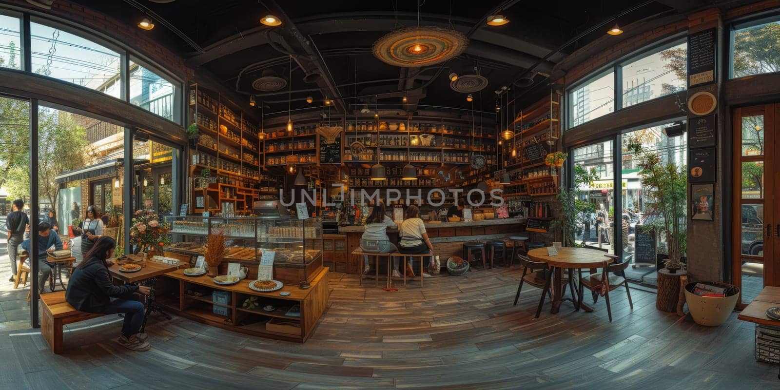 Cafe bar restaurant nobody indoor. Empty coffee shop interior daytime with wooden design counter red brick wall in background