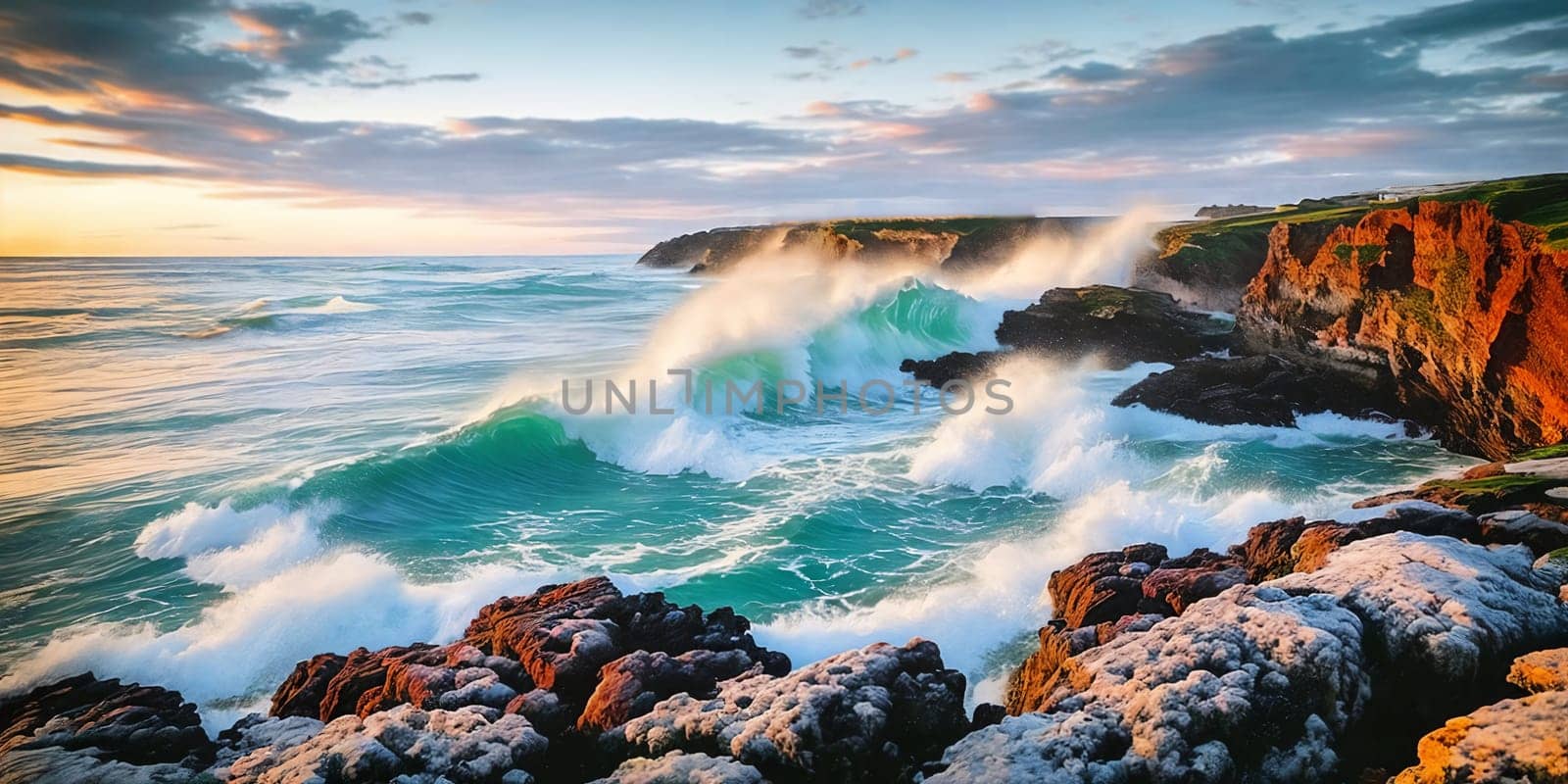 Stunning seascape, cliffs towering over the coastline, waves crashing below. Panorama. Generative AI.