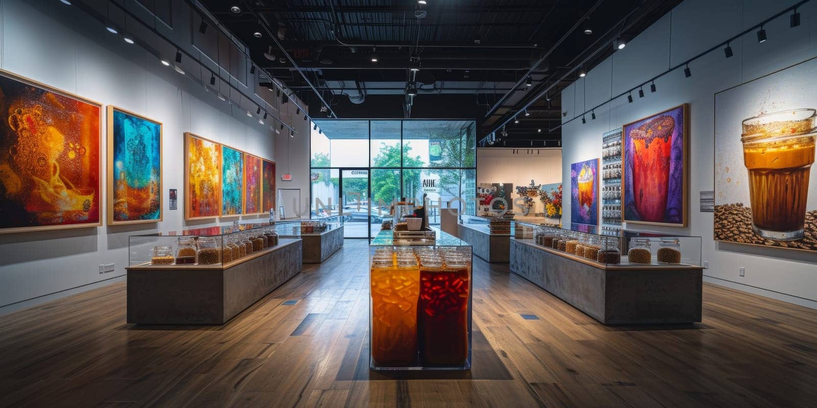 Shot of a shop display full of coffee themed art Exhibitions festival theme and some art decoration.