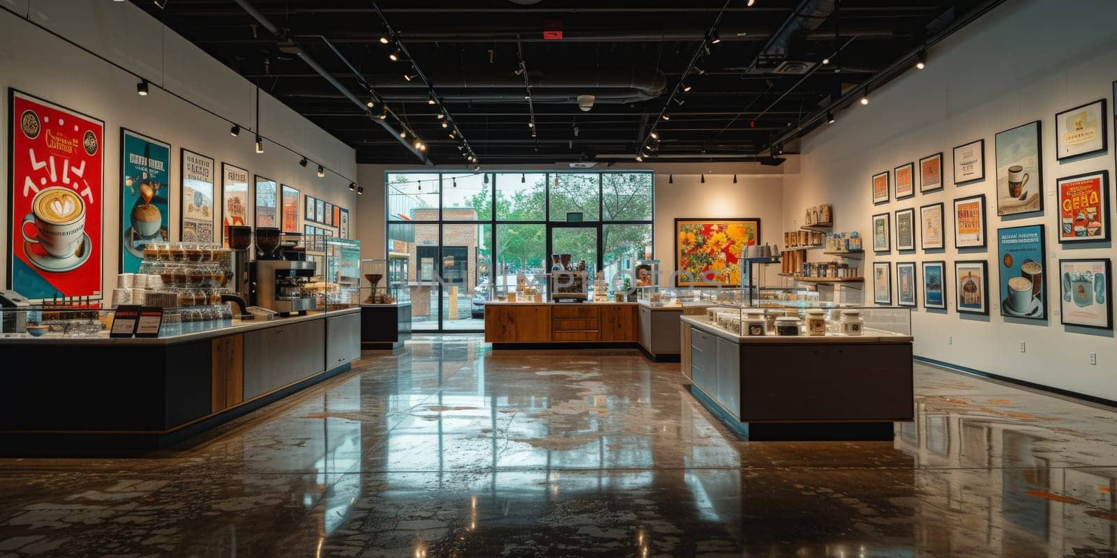 Shot of a shop display full of coffee themed art Exhibitions festival theme and some art decoration by Benzoix