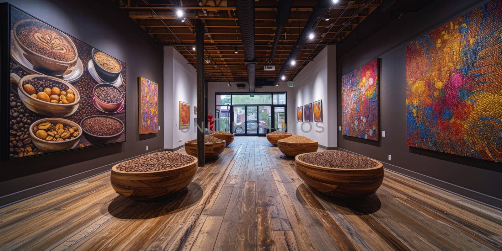 Shot of a shop display full of coffee themed art Exhibitions festival theme and some art decoration.