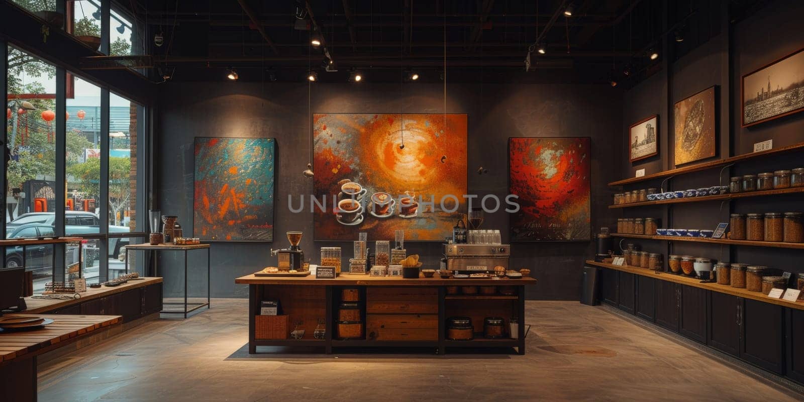 Shot of a shop display full of coffee themed art Exhibitions festival theme and some art decoration.