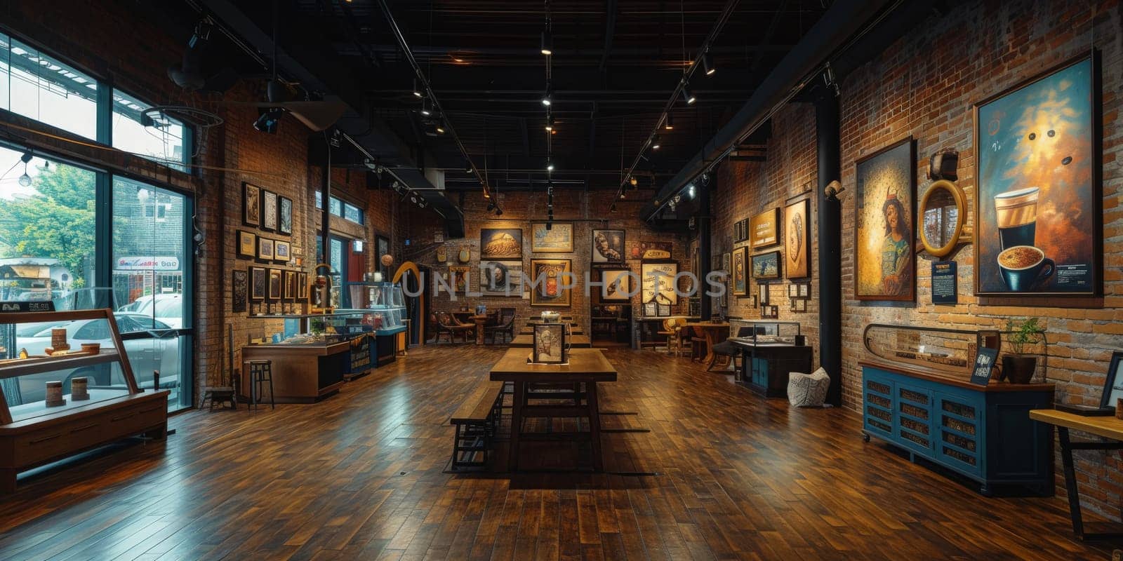 Shot of a shop display full of coffee themed art Exhibitions festival theme and some art decoration by Benzoix