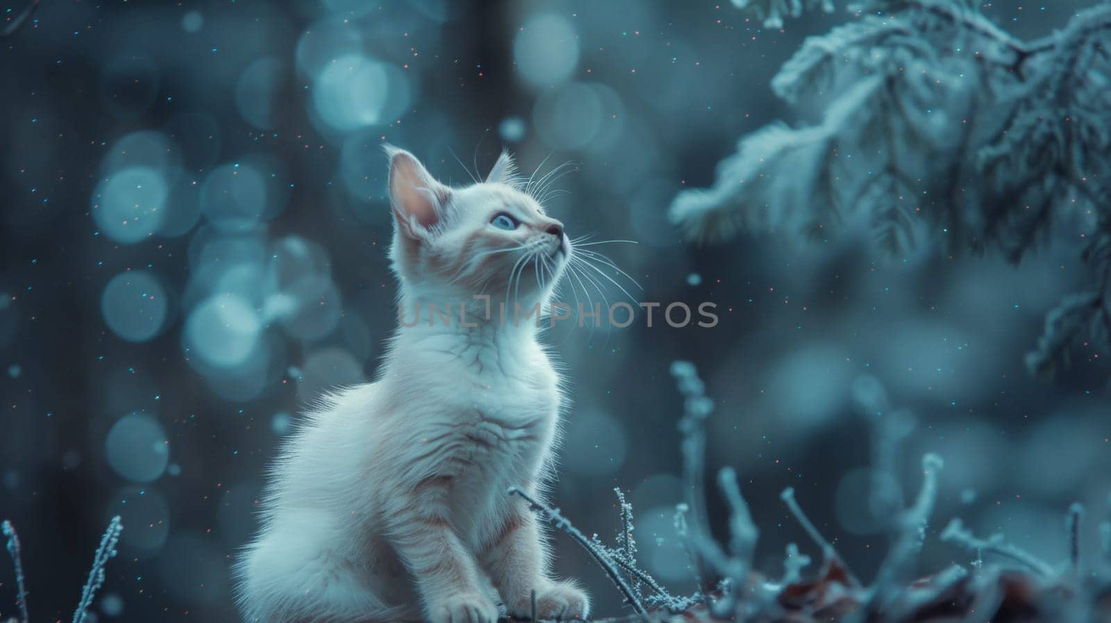 A white kitten sitting on a tree branch looking up