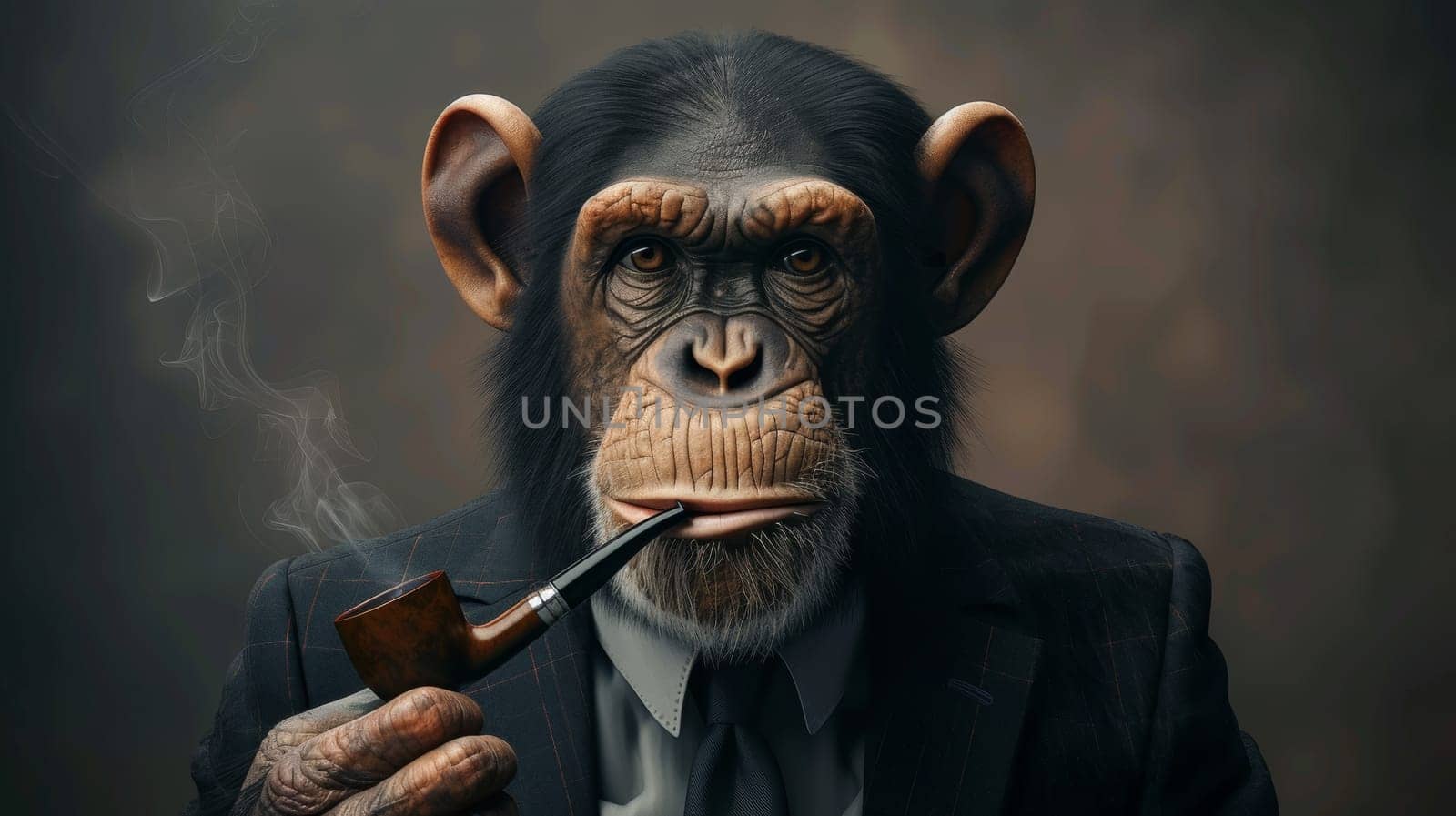 A monkey with a suit and tie smoking a pipe