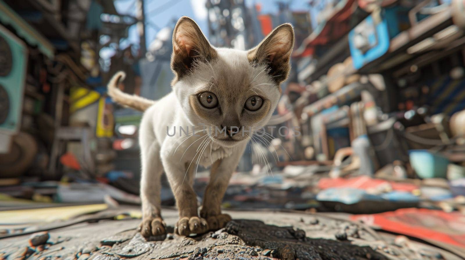 A cat walking on a street with many buildings in the background