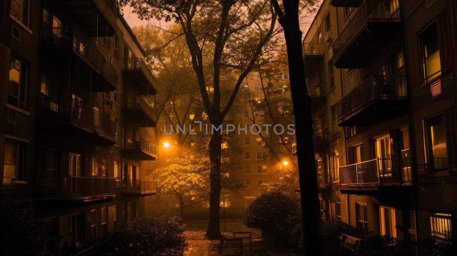 A view of a bench is sitting in the middle of an alley