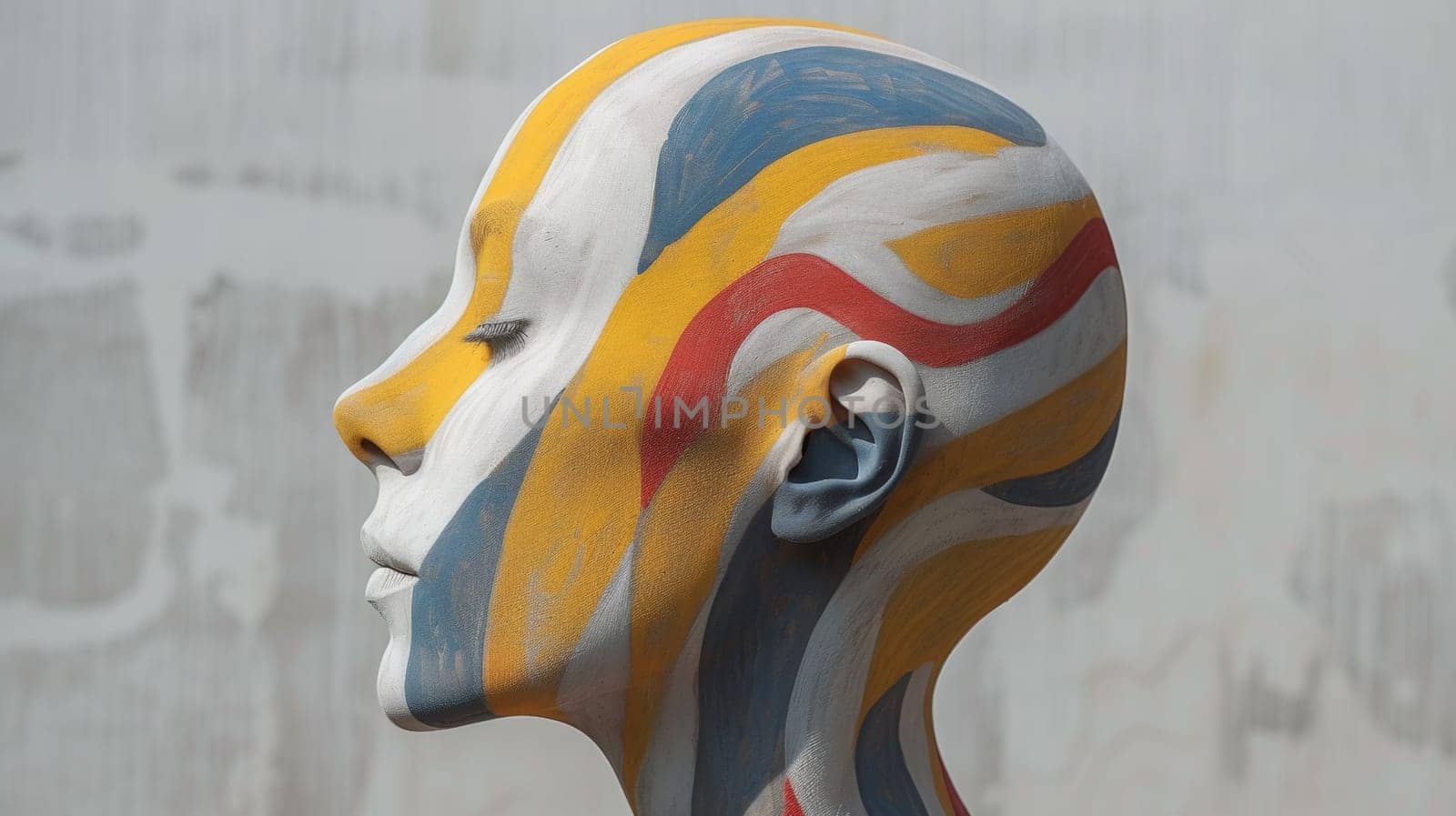 A close up of a painted head with stripes and lines