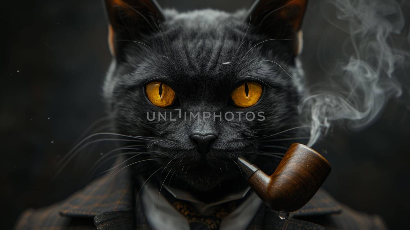 A black cat with yellow eyes smoking a pipe and wearing a suit