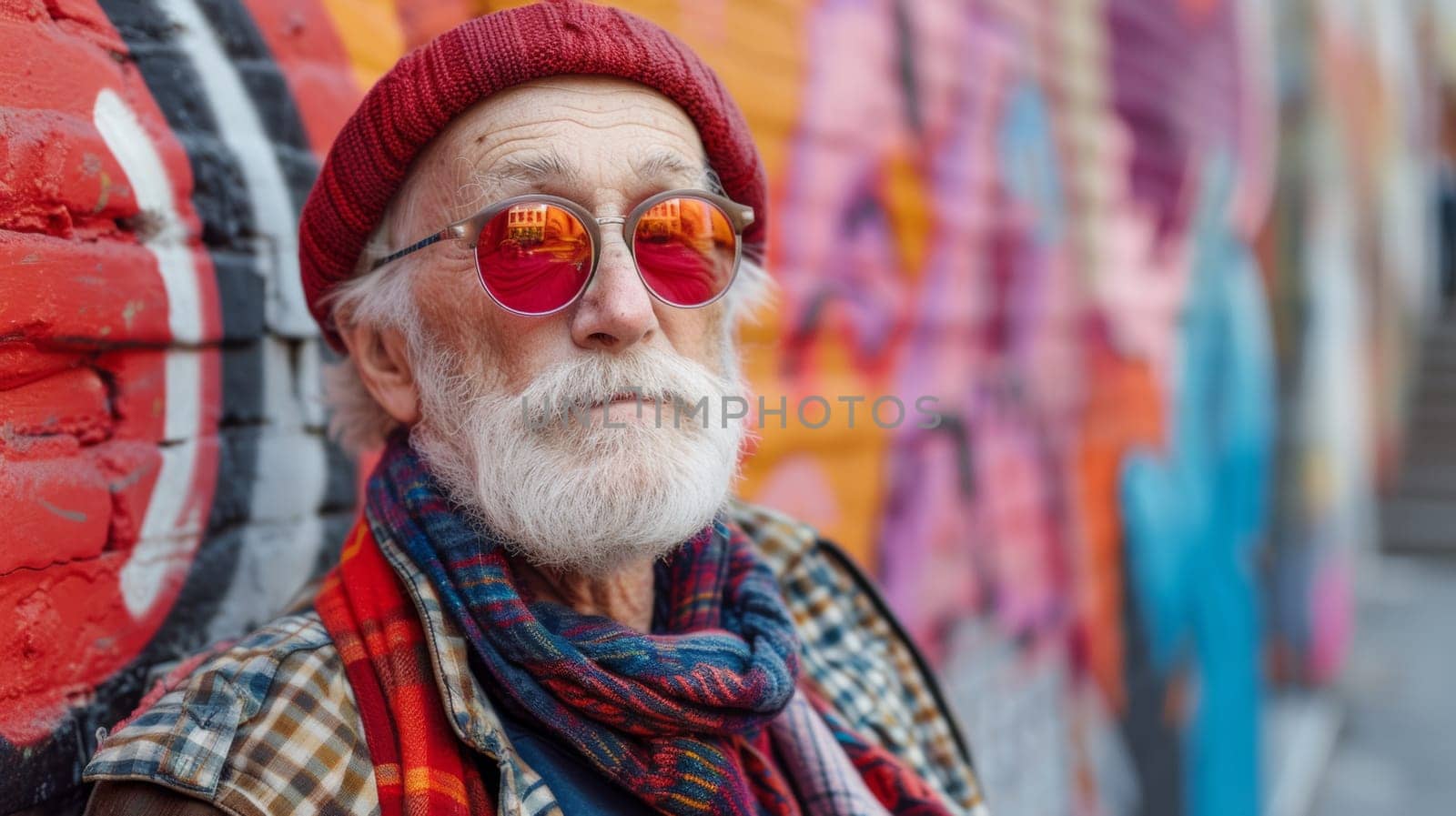 A man with a beard and glasses wearing red scarf, hat and sunglasses