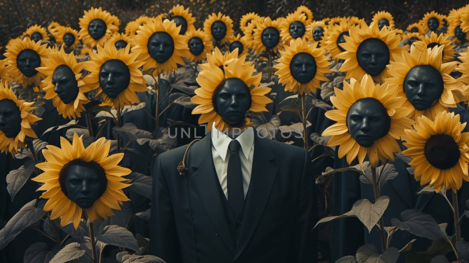 A man in a suit and tie surrounded by sunflowers