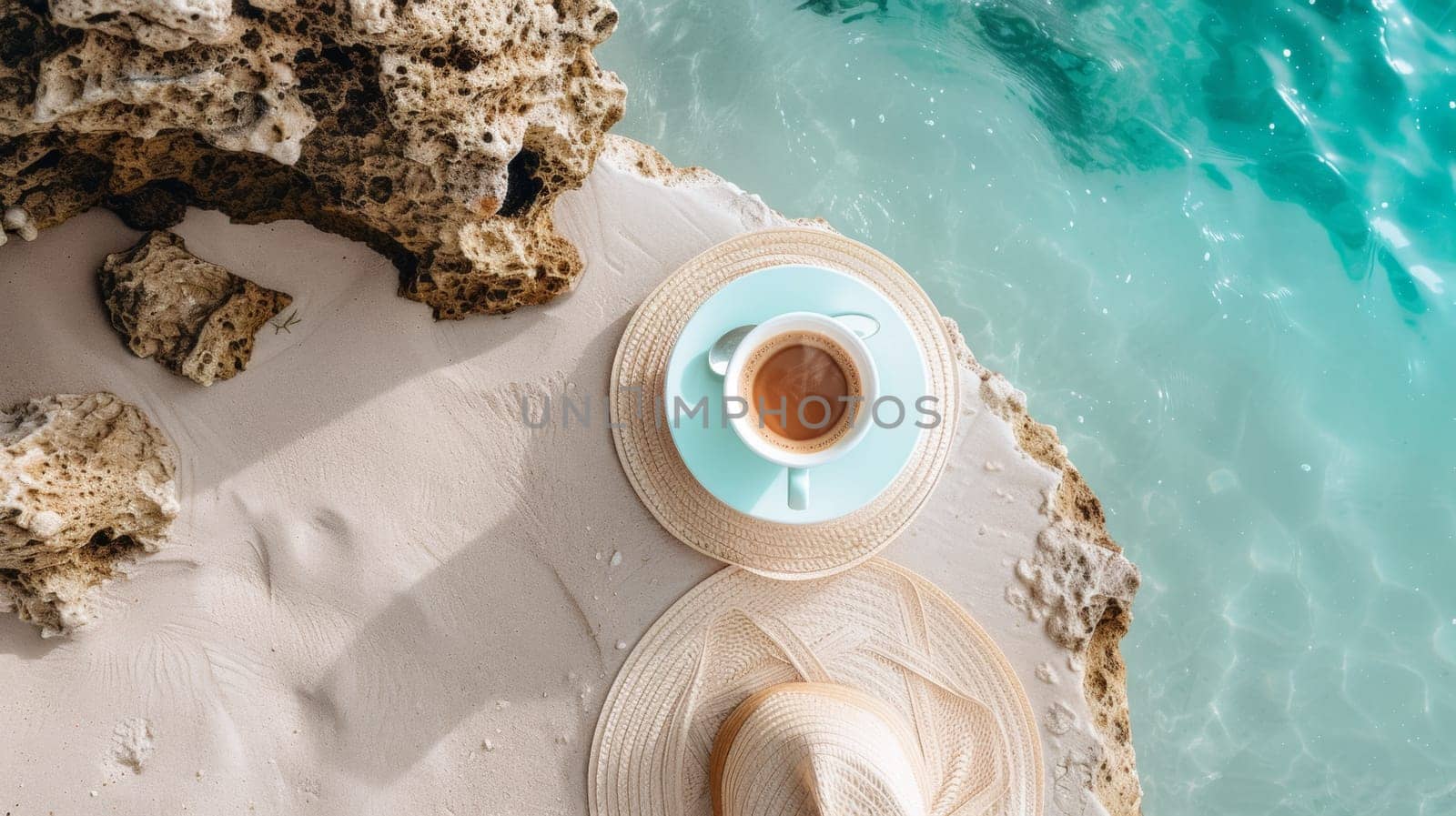 A cup of coffee and a hat on the beach