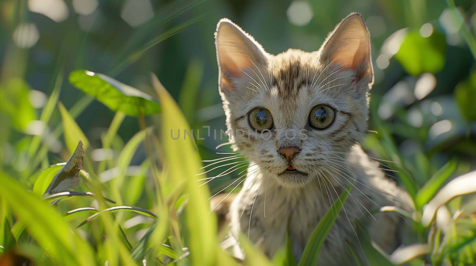 A close up of a kitten sitting in the grass looking at something