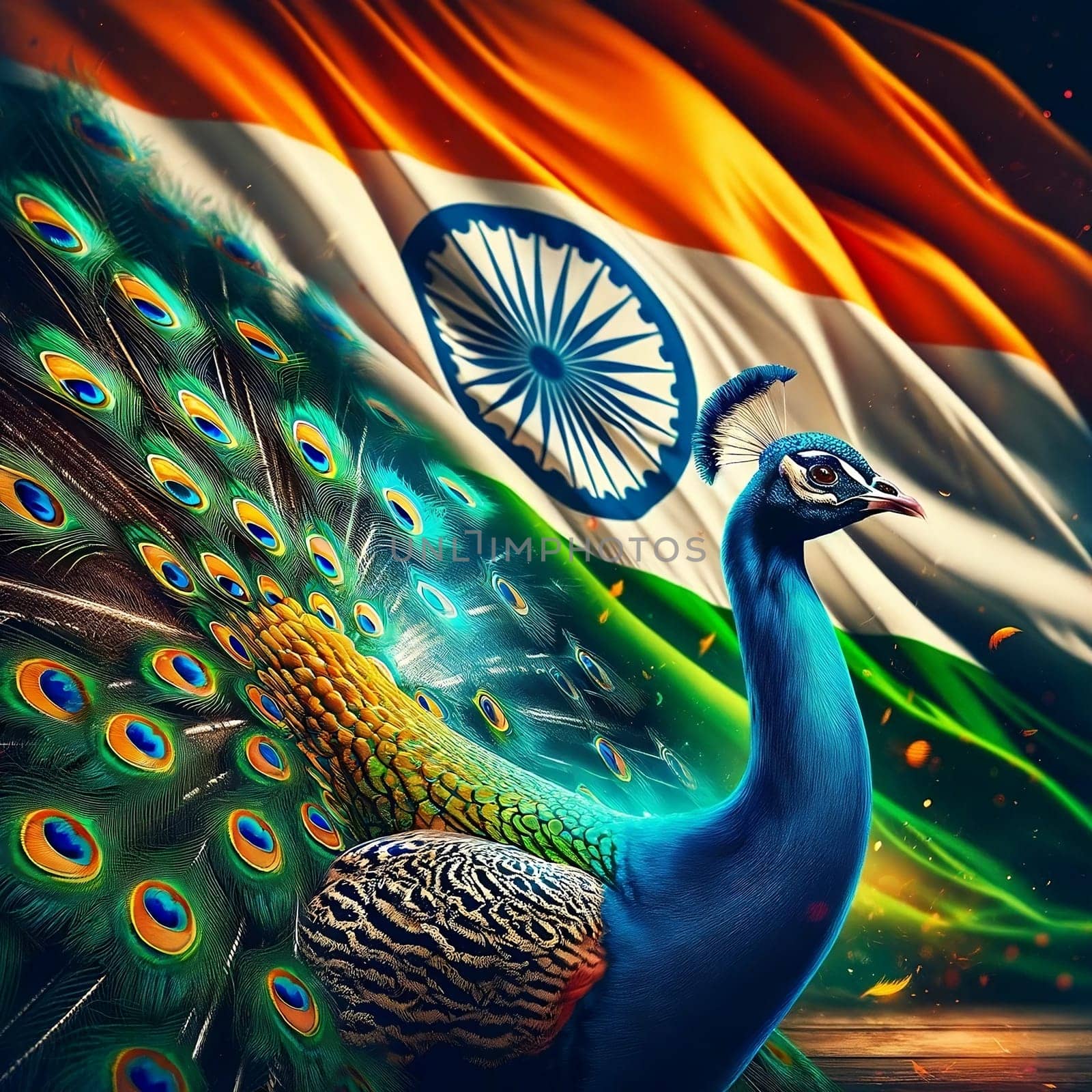 National Bird of India, The Indian peacock, stands in front of an Indian flag. High quality photo