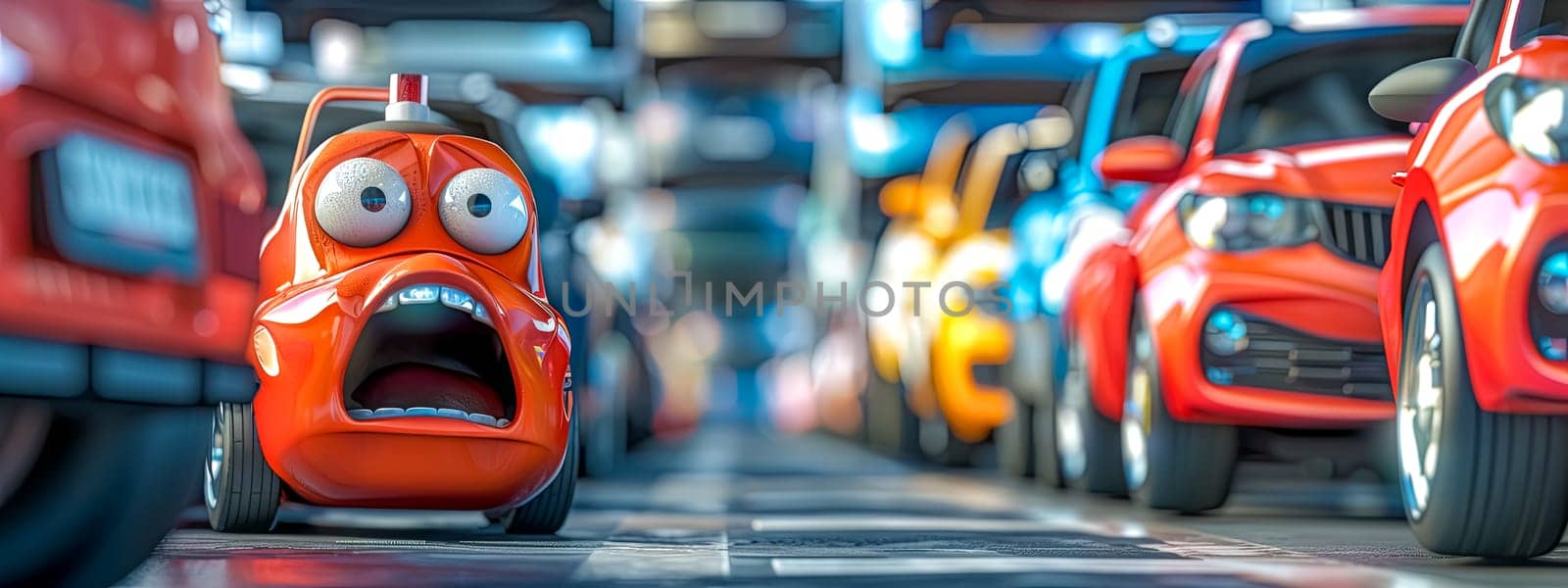 Animated Orange Car Character in a Busy Parking Lot.