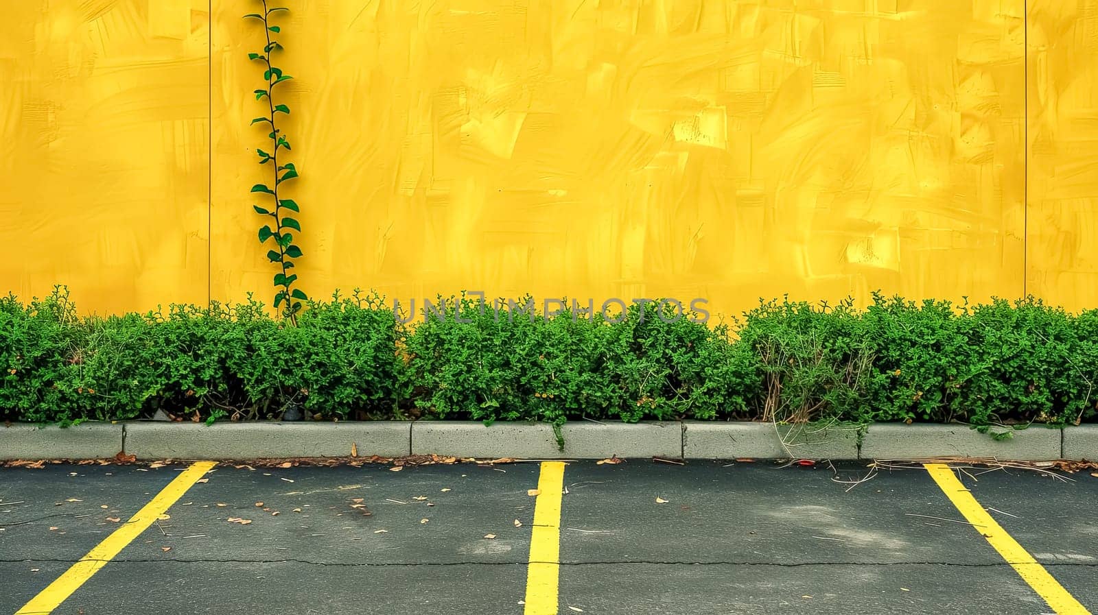 Green Vine on Yellow Wall with Parking Lot Lines, copy space