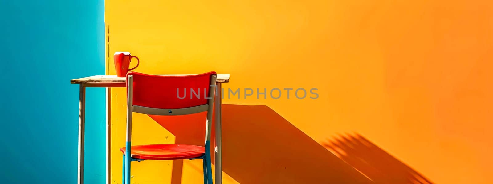 Vibrant Cafe Corner with Red Chair and Colorful Walls, copy space
