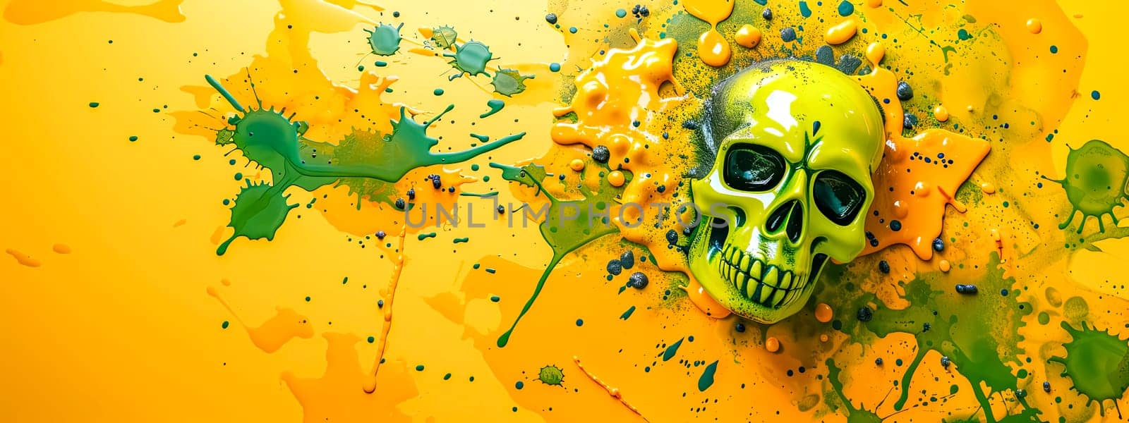 Neon Green Skull Splashed with Vivid Yellow Paint by Edophoto
