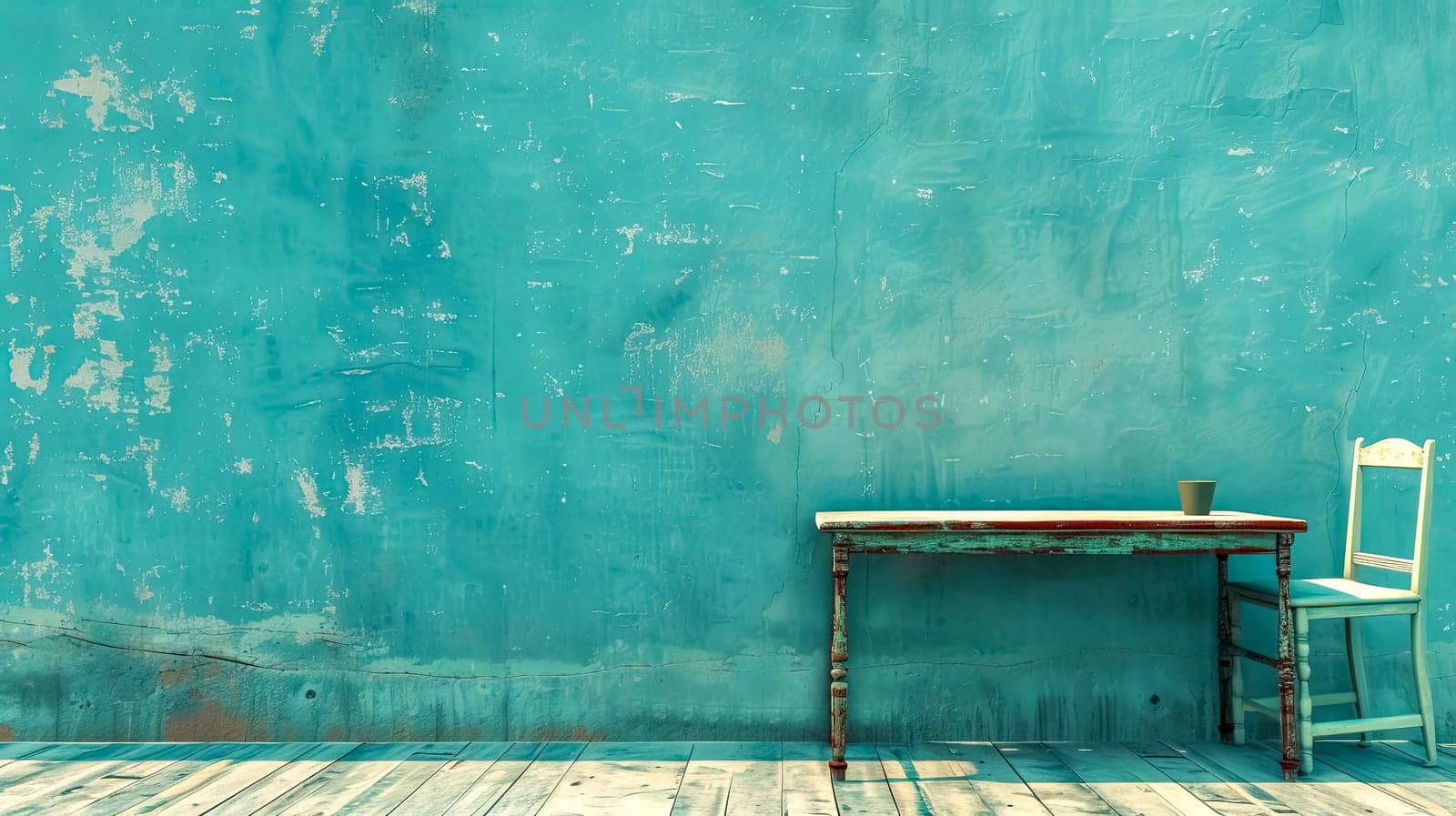 Rustic Workspace with Vintage Desk and Chair Against Turquoise Wall, copy space