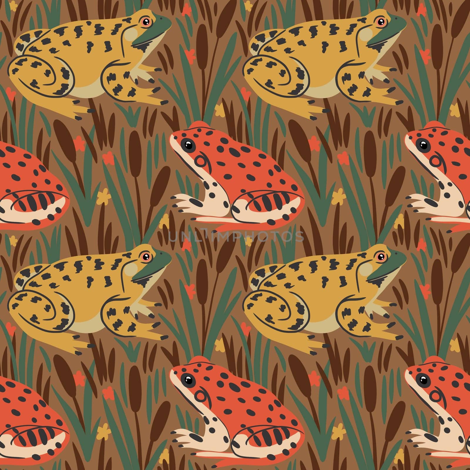 Hand drawn seamless pattern of orange green frogs with cattail plant in swamp moss. Bog plant forest species, marsh wild amphibian wildlife, natural reptile toad. by Lagmar